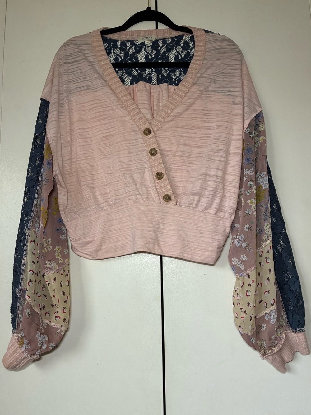 Umgee Pink Floral Patchwork V-Neck Button Pullover